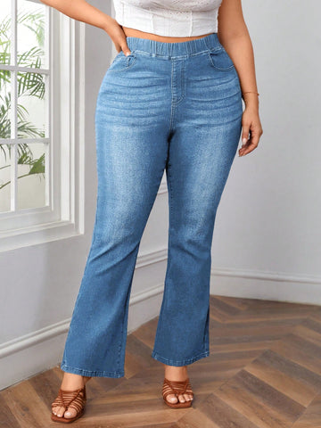Plus Size Casual Elastic Waist Slim Fit Flared Jeans