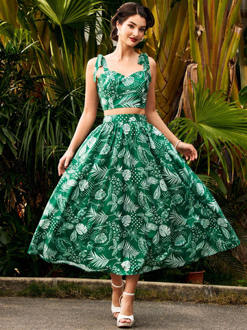 Vintage Holiday Women Two-Piece Set, Tropical Rainforest Printed Bandeau Top With Bow Knot Shoulder Straps And Umbrella Swing Skirt Mother Day Dress Summer Women Dresses Summer Dress Sundress Hawaiian Maxi Dress Summer Outfits Floral Dress Green Dress Ret