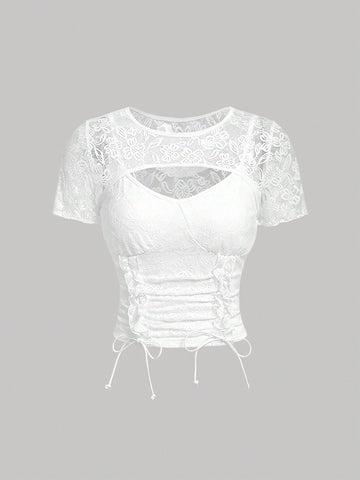 Lace-Up Waist Hollow Out Semi-Sheer Lace Top