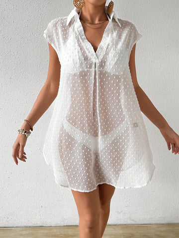 Women Solid Color Semi-Transparent Mesh Embroidered Cover Up