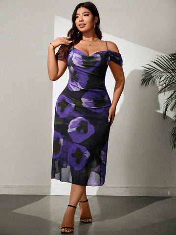 Plus Size Floral Printed Cold Shoulder Ruffle Dress For Summer