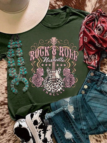 Plus Size Casual Music Festival Guitar And Letter Printed Short Sleeve T-Shirt For Summer