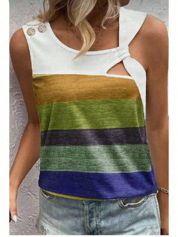 Colorblock Striped Hollow Out Asymmetrical Collar Tank Top For Summer