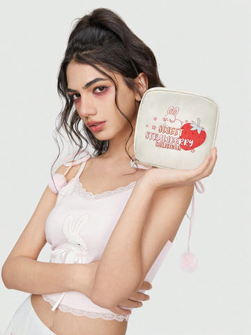 Fashionable Cartoon Strawberry Rabbit Printed Thick Large Capacity Portable Cosmetic Bag, Small Satchel 589439