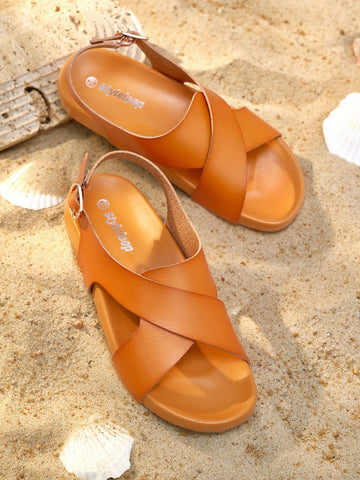 Women's Fashionable Solid Color Cross Strap Flat Sandals
