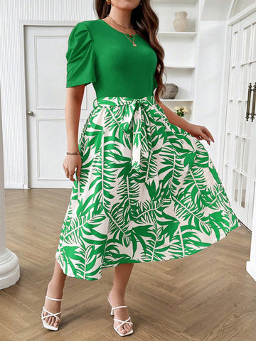 Women Fashionable Summer Holiday Style Printed Bubble Sleeve Dress