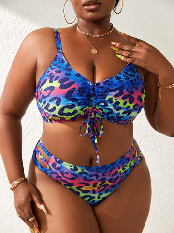 Plus Size Women Leopard Print Front & Middle Drawstring Bikini Swimsuit Set For Vacation