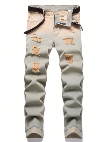 Men Fashionable Jeans With Ripped Holes For Daily Matching Long Pants