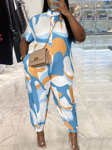Plus Size Women's Fashionable Irregular Printed Stand Collar Jumpsuit For Summer