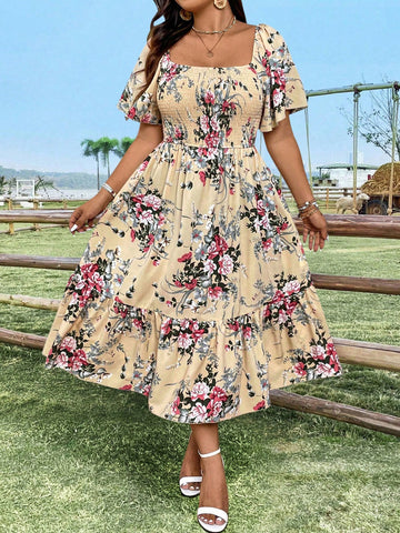 Plus Size Holiday Elegant Floral Print Square Neck Flutter Sleeve Shirred Bodice Maxi Dress