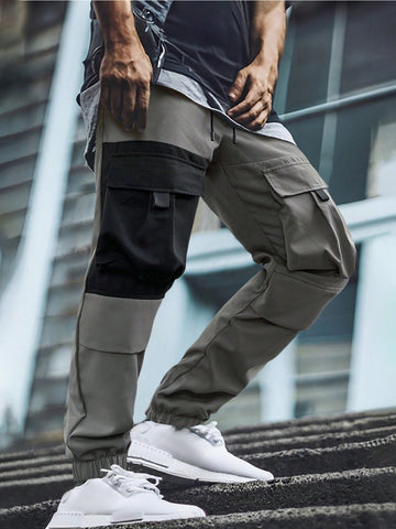 Men's Drawstring Waist Color Blocking Cargo Pants With Pockets