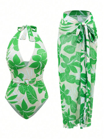 Plus Size Plant Printed One Piece Swimsuit With 2-Piece Set