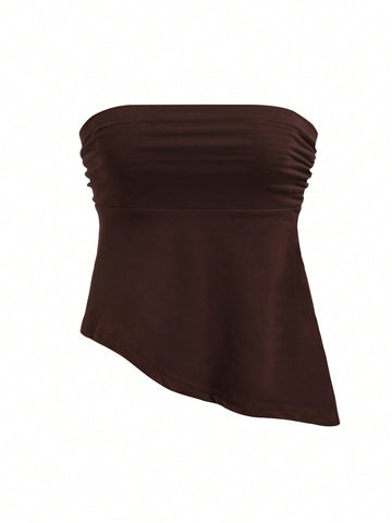 Ladies' Solid Color Strapless Asymmetrical Hem Top