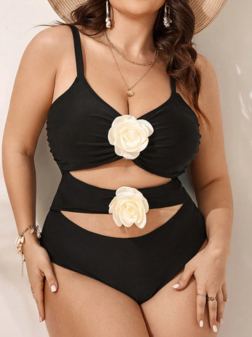 Plus Size Color Block 3D Floral Decoration Hollow Out One Piece Swimsuit With Spaghetti Straps