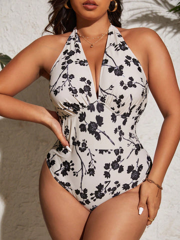 Plus Size Women\ Floral Print Halter Neck One-Piece Swimsuit With Vacation Style