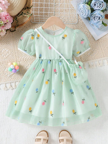 Young Girl Floral Embroidery Puff Sleeve Dress With Crossbody Bag