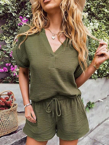 Women's Loose Casual Wrinkled Short Sleeve Top And Shorts Spring/Summer 2pcs Outfit
