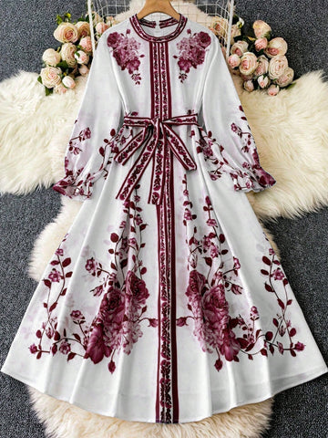 Plus Size Women Floral Print Round Neck Flare Sleeve Long Dress For Spring And Summer