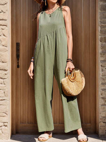 Summer & Linen Style Comfortable Pocket Wide-Leg Jumpsuit Without Sleeves For Women