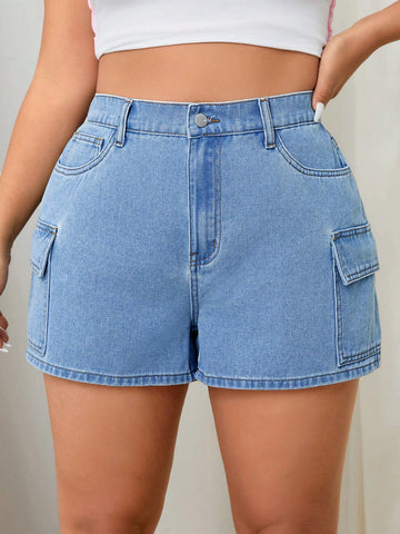 Plus Size Ladies Casual Denim Shorts With Utility Pockets