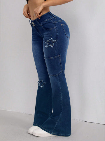 Women Star Applique Flared Casual Jeans With Frayed Hem And Pockets