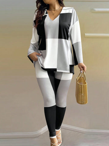 Plus Size Splicing Pattern V-Collar Top And Leggings Set