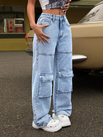 Women\ Workwear Pocket Water Wash Straight Leg Casual Jeans