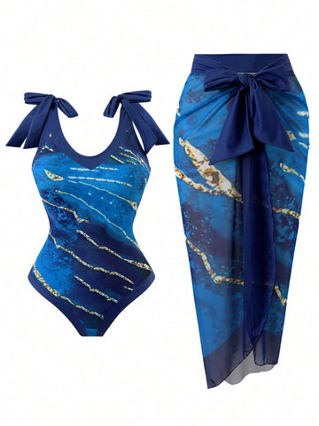 Plus Size Random Print 2-Piece Swimsuit With Bodysuit