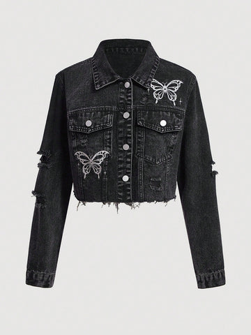 Women Butterfly Embroidered Distressed Denim Jacket For Spring And Autumn