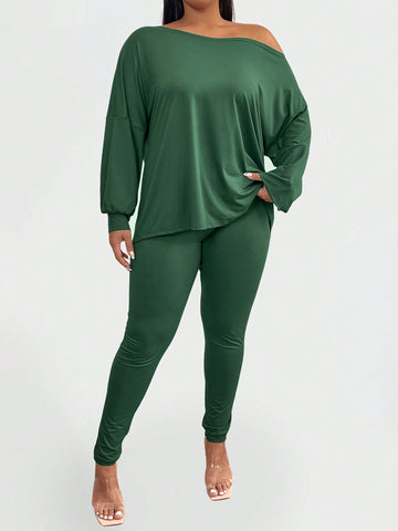 Plus Size Casual Solid Color Off Shoulder Loose Top And Pants Two Piece Set