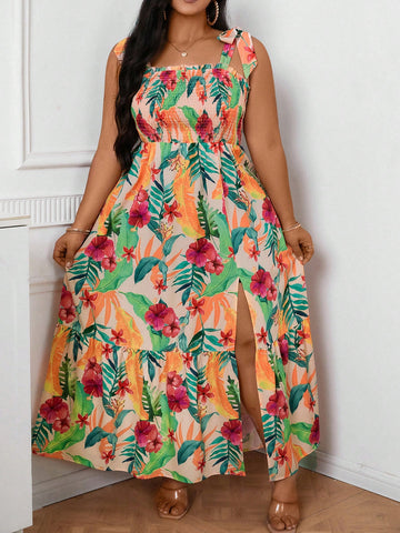 Plus Size Vacation V-Neck Floral Printed Split Maxi Dress With Tie Straps