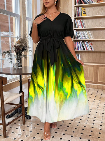 Plus Size Spring/Summer Casual Ombre Short Sleeve Long Dress