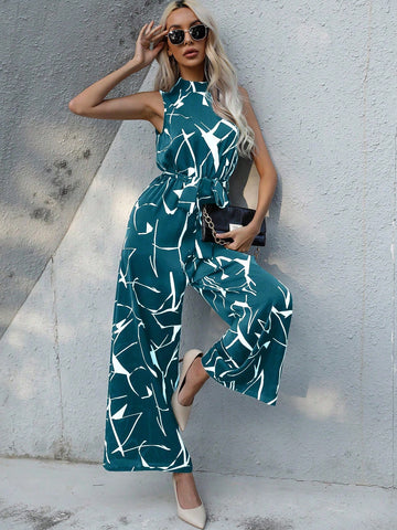 Spring/Summer Casual Sleeveless Jumpsuit With Random Print And Stand Collar