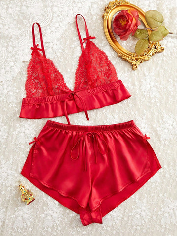 Sexy Lingerie Two-Piece Set With Front-Open Lace-Up Ribboned Halter Top And Simulated Silk Side-Slit Shorts