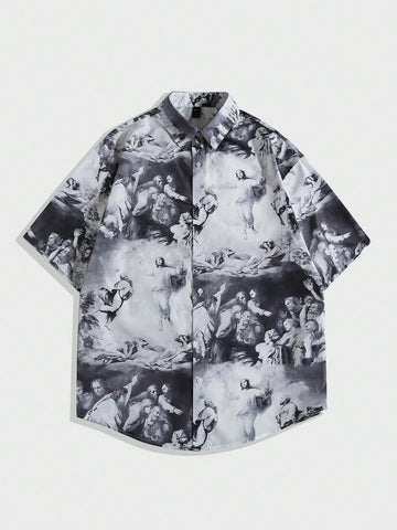 Men Oil Painting Printed Short Sleeve Shirt, Suitable For Daily Life In Spring And Summer
