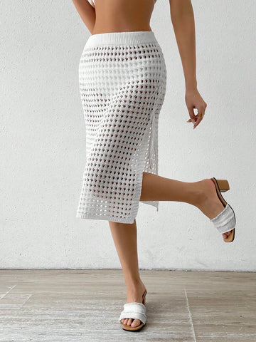 Women Hollow Out Holiday Style Cover-Up Skirt With Side Slit