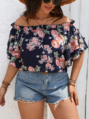 Plus Size Floral Printed One Shoulder Ruffle Trimmed Hemline Decor Casual Summer Vacation Shirt