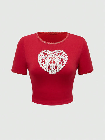 Women Round-Neck Lace Heart Patched Casual Everyday Spring Summer Short Sleeve T-Shirt