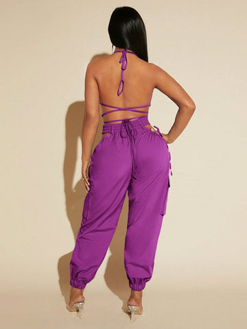Women Solid Color Halter Backless Top And Hollow Out Waist And Cuffed Jumpsuit Two Piece Set For Summer