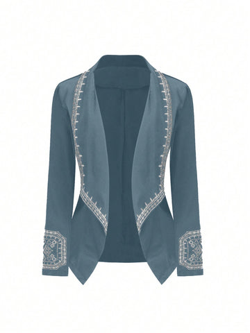 Plus Size Embroidered Waterfall Collar Suit Jacket