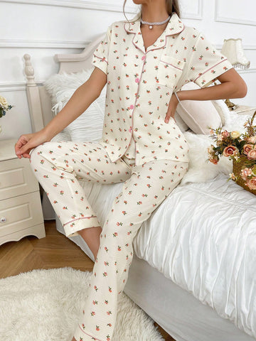 Color-Blocking, Narrow-Edge Collar, Small Floral Women Short Sleeve Top And Long Pants Pajamas Set