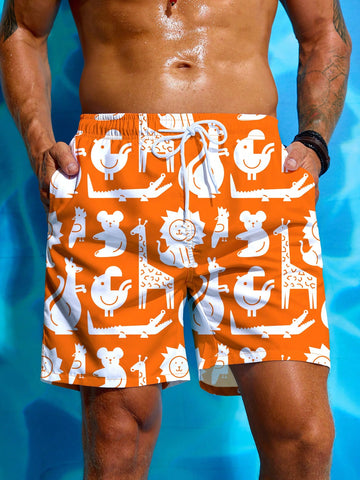 Men Summer Vacation Drawstring Animal Printed Beach Shorts
