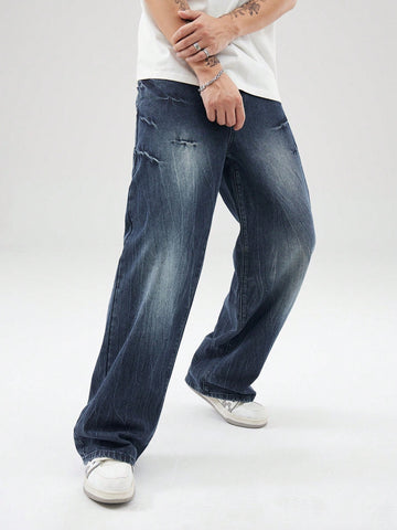Men\ Loose-Fit Casual Straight-Leg Jeans With Vintage Washing