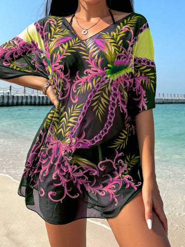 Women Beach Holiday Tropical Plant Print Batwing Sleeve Cover-Up