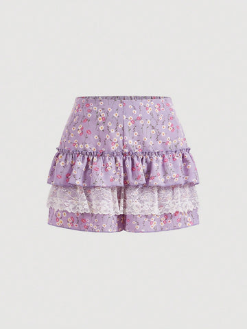 Women Fashionable Mini Short With Small Flower Print, Multi-Layered Lace And Ruffle Edge Design