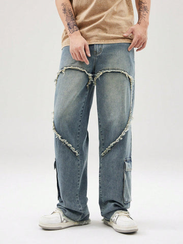 Men Casual Denim Jeans With Pockets, Frayed Edges And Heart-Shaped Design