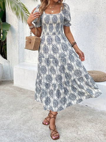 Women Long Printed Bubble Sleeve Vacation Dress With Square Neckline