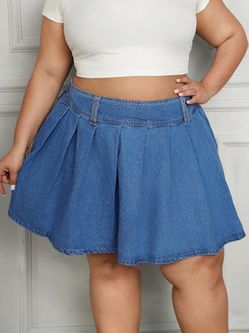 Plus Size Elastic Waist Blue Denim Pleated Skirt