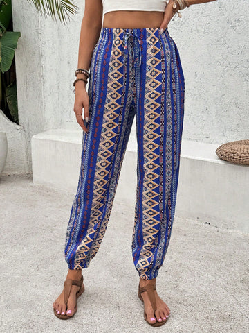 Spring/Summer Loose Geometric Printed Jogger Pants For Casual & Vacation Wear Beach