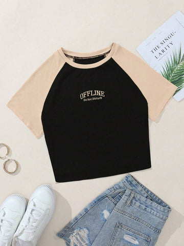 Plus Size Summer Casual T-Shirt With Letter Print, Color Block And Raglan Sleeve Design